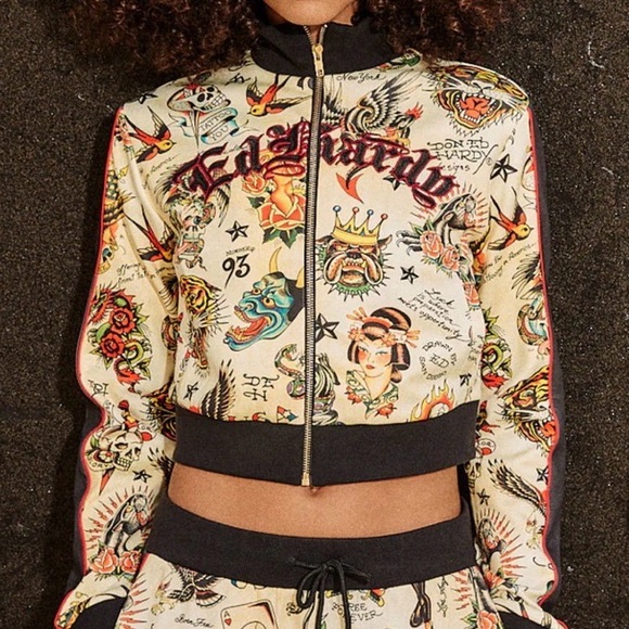 Ed Hardy Jackets & Blazers - Ed Hardy Women’s Crop Zip Up All Over Tattoo Print Track Jacket NWT size medium